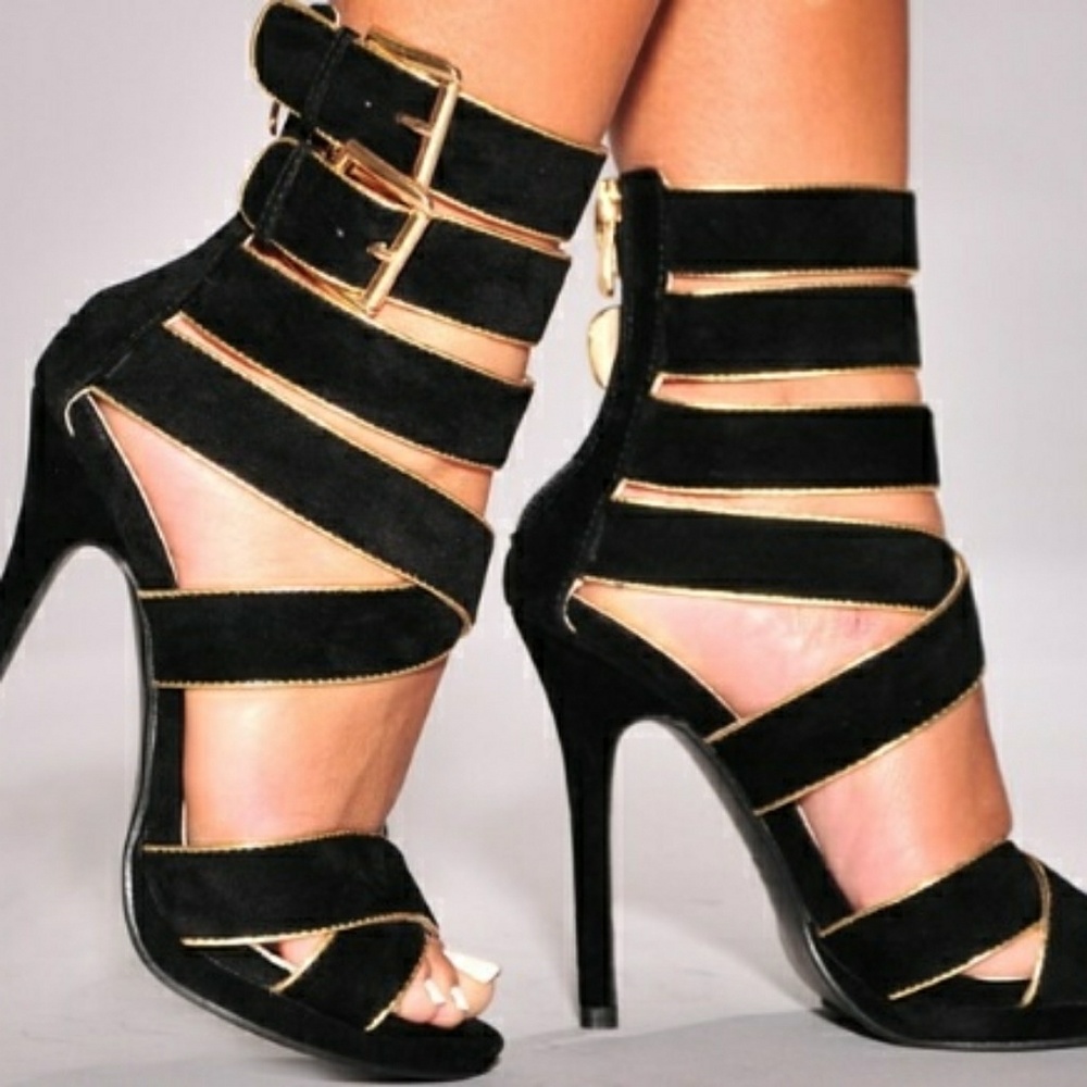 Black Gold Trim Strappy High Heels Sandals